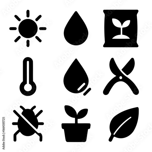 Garden essentials in graphic design: A collection of garden related icons, meticulously crafted to represent all the core elements for all gardening endeavors. Designed with bold.
