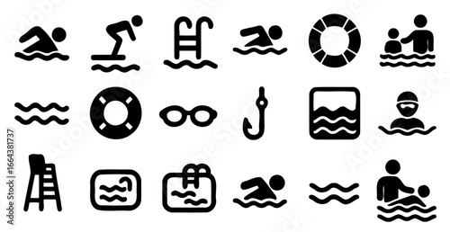 Swimming Icon Collection: A comprehensive collection of diverse, black and white, easily recognizable icons, perfect for illustrating activities and equipment related to swimming.