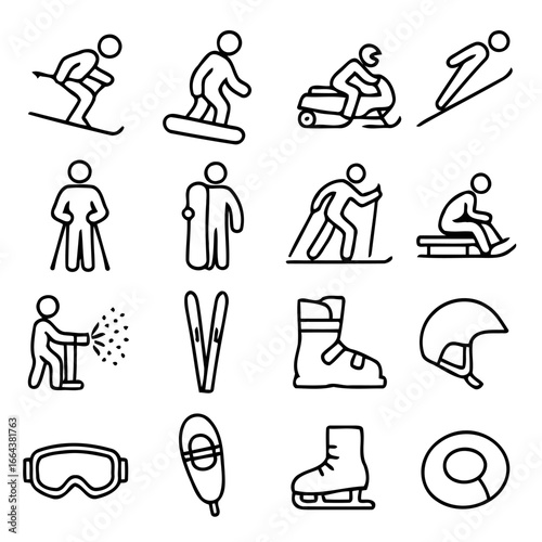 Winter Sports Icon Set: A minimalist collection of winter sports icons in bold black, showcasing various winter activities and equipment, perfect for design projects and thematic content.