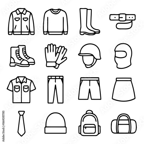Essential Outfit Icons: A minimalistic display of apparel and accessories in a linear outline, perfect for design.