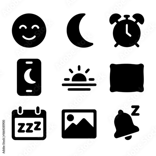 Restful Icons: A collection of minimalist icons evokes serenity, dreams, and the rhythm of rest, capturing the essence of tranquility and the cycle of the day and night.