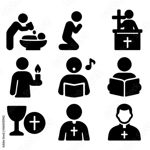 Sacred Symbols of Faith: Simple, clean black icons representing various aspects of faith, reflecting a sense of serenity and spiritual connection.