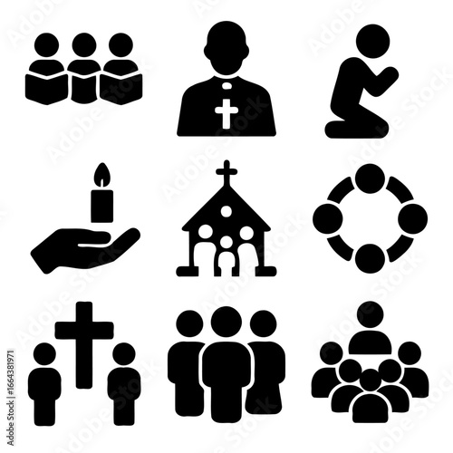 Spiritual Icons: A collection of symbolic silhouettes representing faith, worship, and community, ideal for conveying themes of spirituality, religion, and devotion.