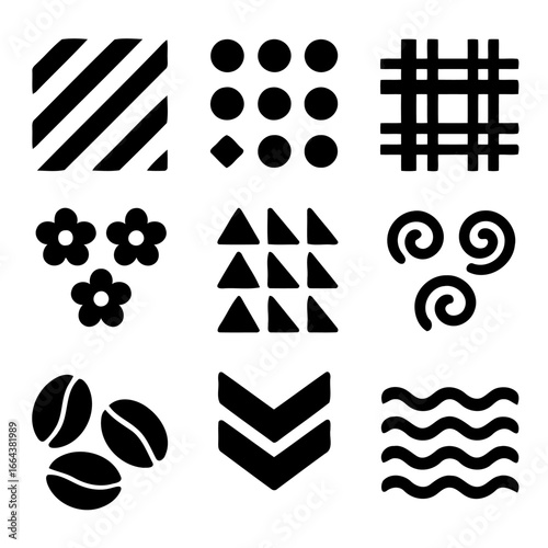 Monochrome Pattern Variety: A curated set of diverse, monochrome patterns and designs, each meticulously crafted in shades of black and white, showcasing a range of geometric forms, organic shapes.