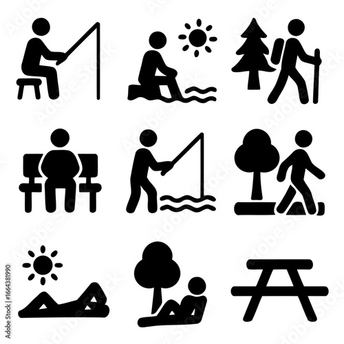 Outdoor Leisure Activities: A collection of iconic graphic icons representing a variety of outdoor leisure activities, each symbol concisely captures the essence of activities.