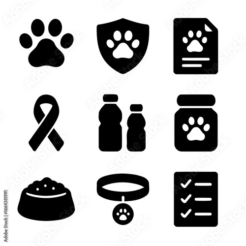 Pet Care Icon Array: A comprehensive array of essential pet care icons, elegantly displayed to highlight various aspects of animal well-being.