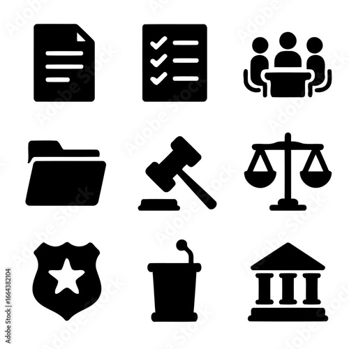 Icons of Justice and Order: A clean, visually engaging array of thematic icons representing justice, law, and the legal system.