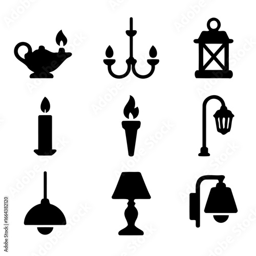 Illumination Icon Set: A collection of distinct lighting fixtures, from classic to contemporary, rendered in a clean, minimalist style.