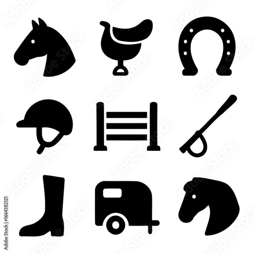 Equestrian Icons: A collection of sleek, silhouette-style icons showcases the essential elements of equestrianism, ideal for conveying the spirit of horse riding and related activities.