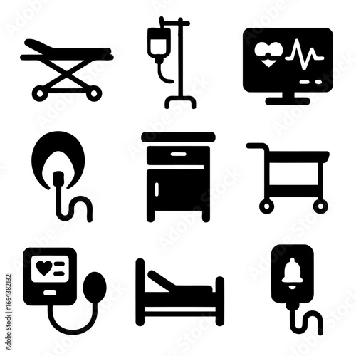 Essential Hospital Elements: A comprehensive vector illustration presents the core components of a hospital environment, emphasizing the tools of care and patient support.