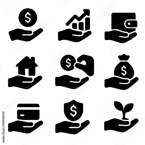 Financial Portfolio Icons: An array of sleek, minimalist icons depict various aspects of financial management, highlighting diverse concepts from growth to savings, and from investment to security.