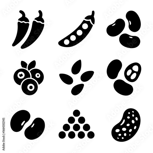 Black and White Vegetarian Food Collection: An eye-level, high-angle view of a selection of different vegetarian food, illustrated in black and white.