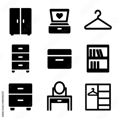Bedroom Furniture Icons: A curated set of black icons representing essential bedroom furniture, elegantly styled against a minimalist backdrop, perfect for any design.