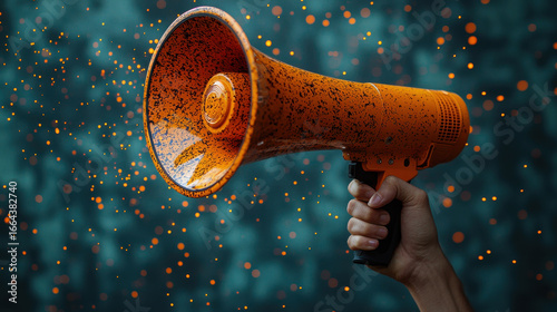 A hand, adorned with a sleek, orange megaphone, ready to amplify a message of marketing and sales. Generative AI's influence is subtly present, hinting at the power of data-driven communication,8k 