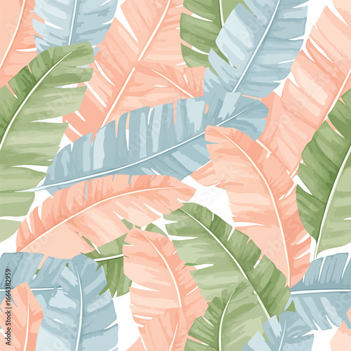 Seamless Pattern, Pastel banana leaf pattern featuring green, peach, and blue hues on white background Stock royalty free