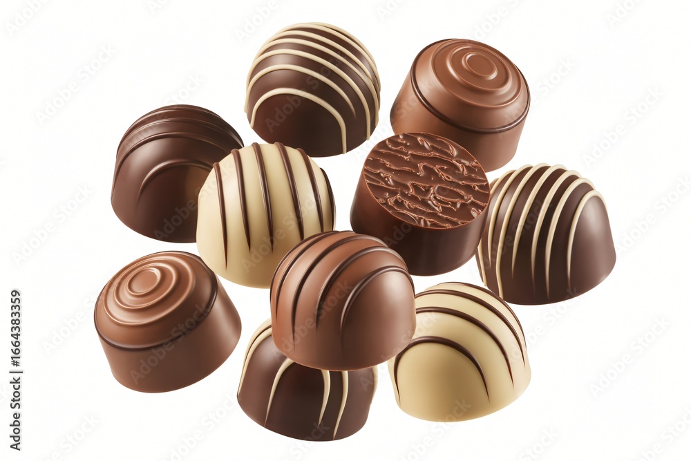 Fototapeta premium A tempting pile of assorted chocolate truffles with various decorations and flavors is presented, some with stripes and others with intricate patterns. 
