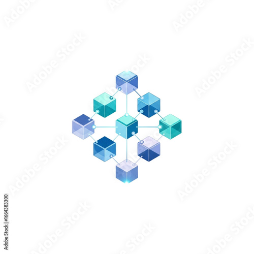 Abstract digital network of glowing cubes connected by lines forming a decentralized system transparent background