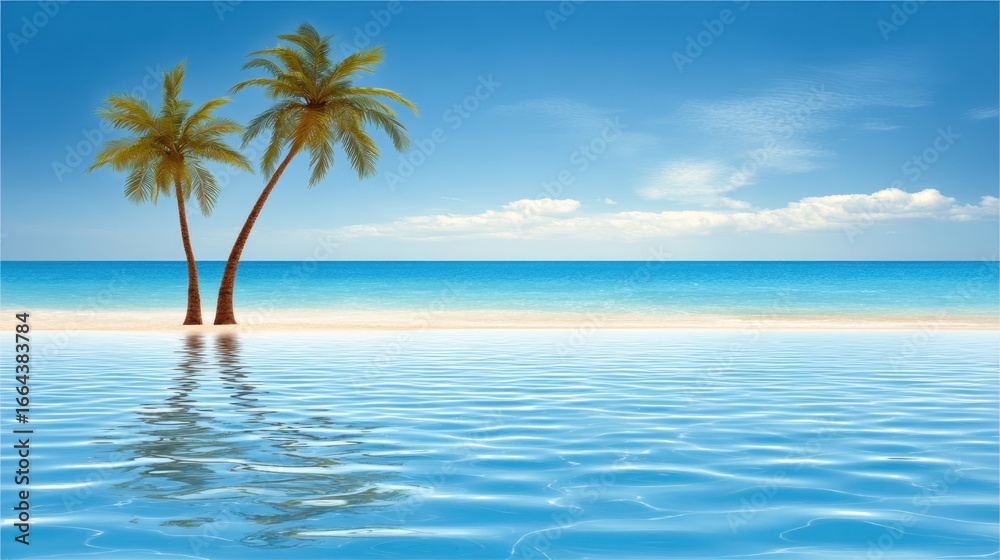Fototapeta premium Tropical paradise with palm trees by the ocean, serene beach scene