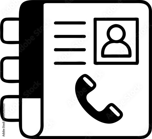 Contact book icon representing a phone with a picture of a person and lines for text for personal or professional use in a simplified black and white illustration for digital or print media