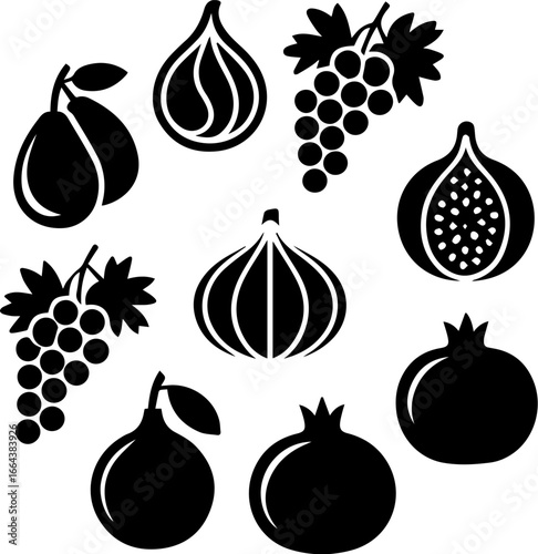 A vibrant assortment of delectable fruit silhouettes, showcasing the natural beauty and diverse shapes of grapes, figs, pomegranates, and pears in a clean.