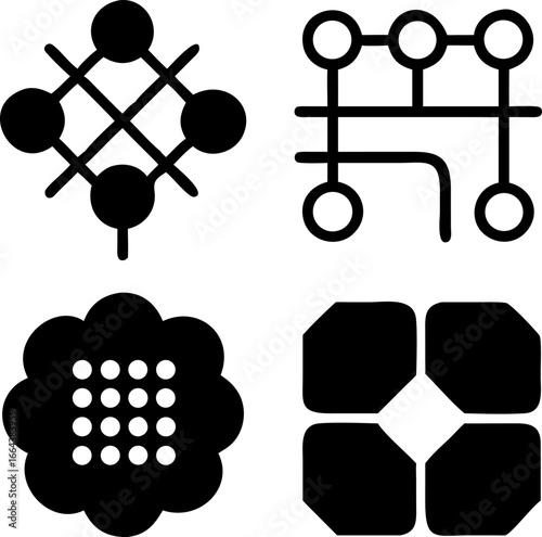 Set of four abstract geometric icons, including a grid of circles, interconnected nodes, a floral design with dots, and a stylized square with inner segments.