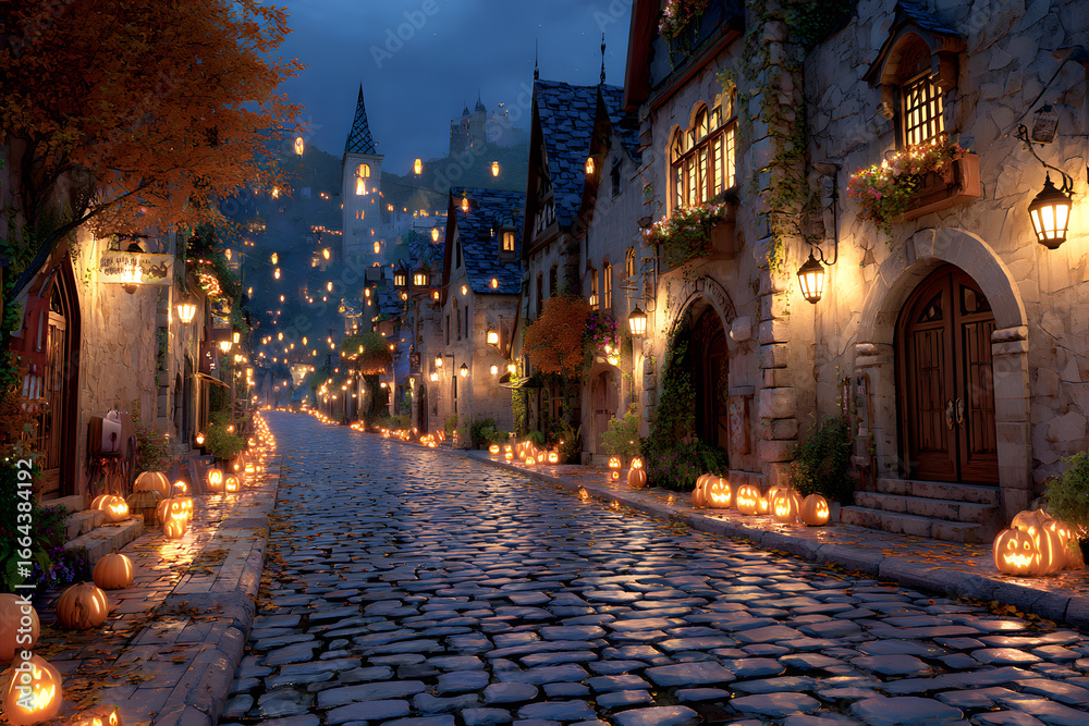 Fototapeta premium Enchanted Halloween Street: A cobblestone street glows with the warm light of jack-o'-lanterns, casting an enchanting spell on a quaint European village.