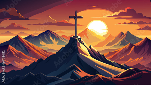 Mountain summit cross stands tall upon alpine peak, sunset colors glowing across horizon, sky ablaze with light, eternal symbol of faith, silence embraces vast landscape, nature and spirit meeting tim