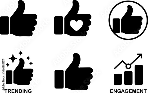 A collection of black thumbs up icons with different variations on a white background showing trends