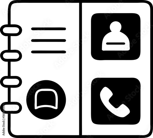 Sleek and minimalist vector icon depicting an open contact book with essential communication symbols for managing personal or business connections, featuring a user profile, telephone.