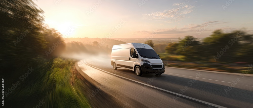 Fototapeta premium The Van Driving Fast on a Sunlit Countryside Highway at Sunrise