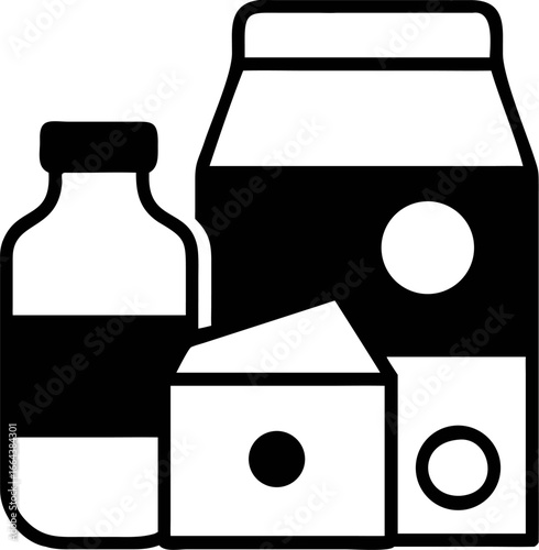 A simple black and white illustration of dairy products, including a carton of milk, a bottle, and a triangular piece of cheese.