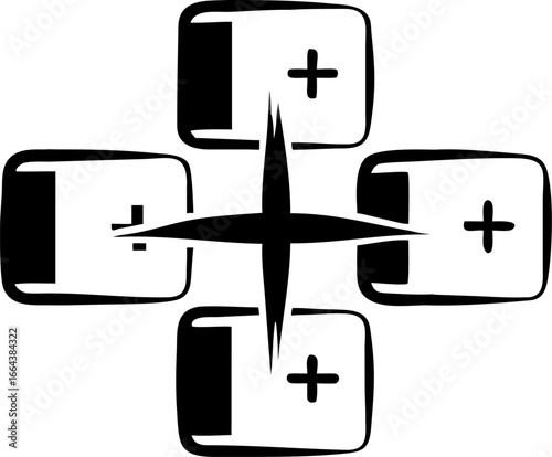 Dynamic graphic illustration portraying an interconnected system of power, featuring four robust batteries arranged in a symbolic cross formation around a central energy point.