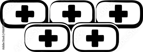 Illustration of several medical or healthcare-related symbols, such as crosses within rounded rectangles, often used to represent medicine, first aid, hospitals, clinics, or various health services