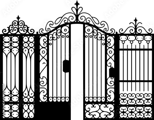 Ornate wrought iron gates design, elegant entrance, black metal fence, detailed architectural illustration, 380