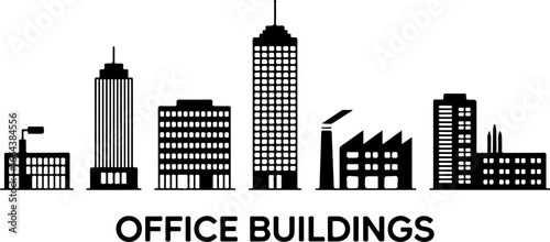 Silhouette of various buildings including skyscrapers and factories against a white background
