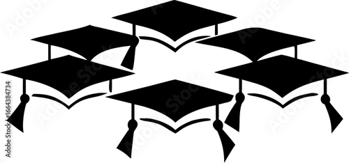 Conceptual illustration depicting a circular arrangement of six black graduation caps, symbolizing academic achievement, knowledge.