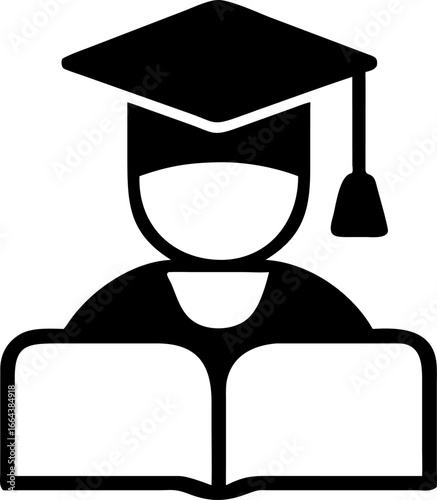 Conceptual vector icon representing a student with a graduation cap deeply engrossed in learning from an open book, symbolizing academic pursuit, knowledge.