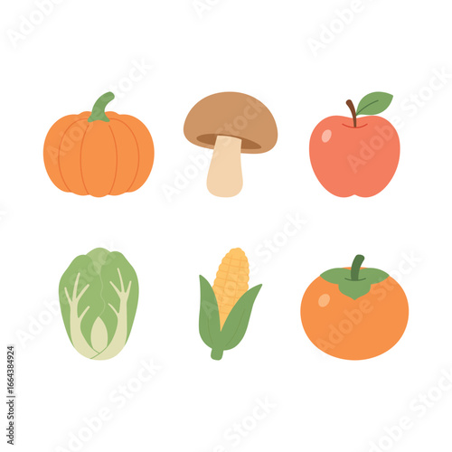Cartoon set of fruits and vegetables: pumpkin, mushroom, apple, cabbage, corn and persimmon. Autumn harvest collection. Cute flat style healthy food vector illustration isolated on white.