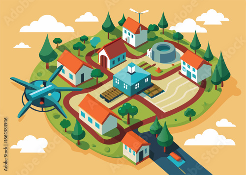 This vibrant isometric illustration depicts a rural village nestled on an island-like area, with a drone hovering above.