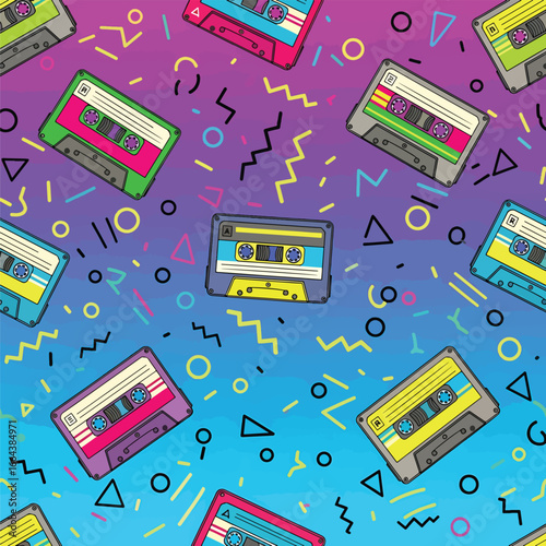 Seamless Pattern, Retro cassette tapes and geometric shapes on a gradient background pattern Stock royalty free image.
