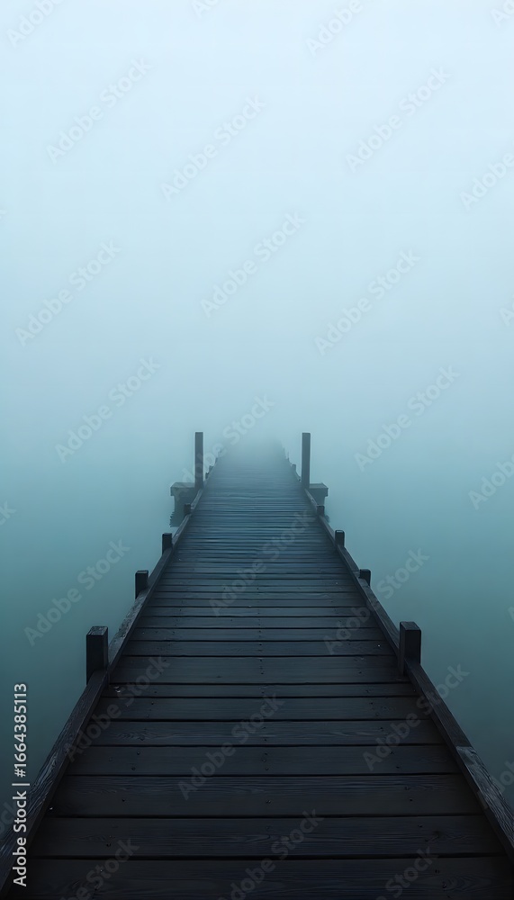 Naklejka premium Eerie Calm: Fog Enshrouds a Wooden Pier Stretching Into the Distance