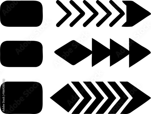 Abstract vector graphic elements featuring geometric arrow shapes and solid rounded rectangles in a minimalist black and white design, ideal for digital interfaces and presentations