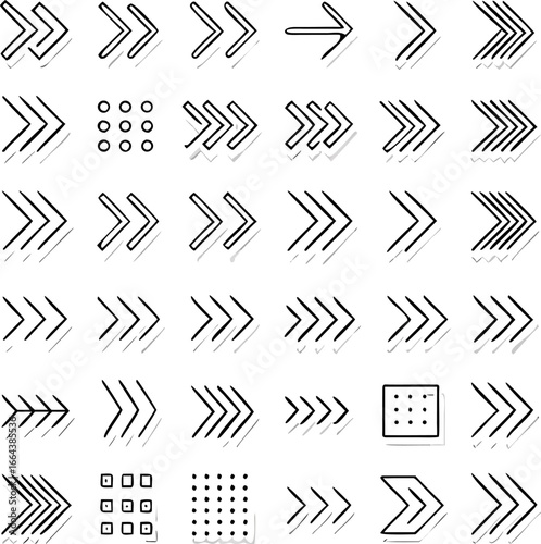 Collection of various directional arrows in different styles, including solid, dashed, and shadow effects, commonly used for indicating direction, progress.