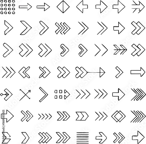 Diverse collection of arrow icons with various styles and directions, perfect for UI design, navigation, and infographics