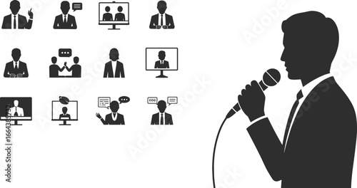 Business communication icons, online meeting, video conference, public speaking, teamwork, professional presentation, corporate discussion, digital collaboration, leadership, office communication