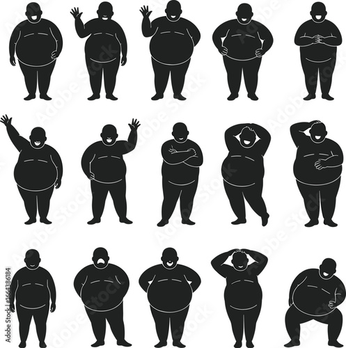 Silhouette collection of overweight man, different body poses, plus size male illustration, obesity concept, health awareness design, body diversity art