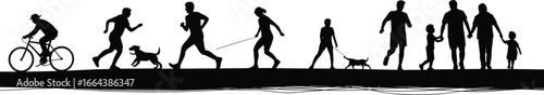 Silhouette of people walking, running, cycling, family with children, dog walking, outdoor lifestyle, fitness activity, healthy living, togetherness illustration