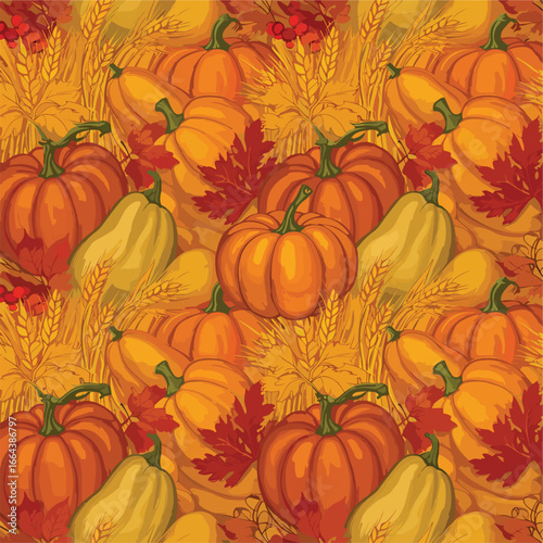 Seamless Pattern, Abundant autumn harvest seamless pattern with pumpkins and wheat stalks Stock royalty free
