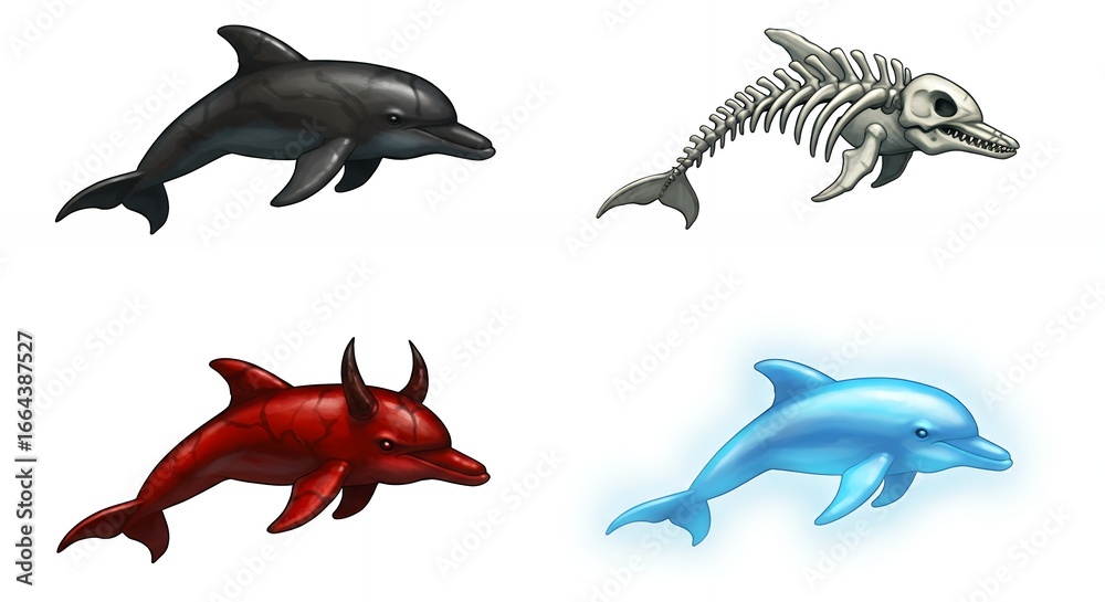 Fototapeta premium Four stylized dolphins in various color and form