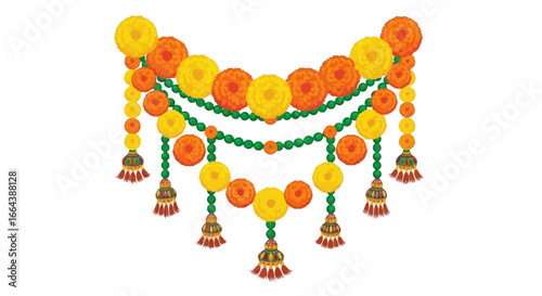 Festive floral toran with bright marigolds and ornamental tassels illustration